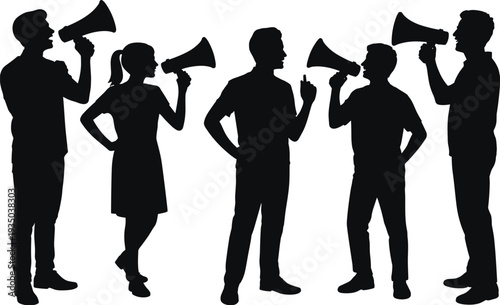 Silhouettes of people with megaphones shouting communication concept, public speaking illustration, advocacy debate artwork, group influence design, protest voice expression