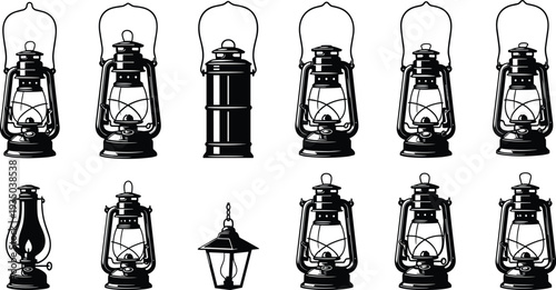 Collection of vintage kerosene lantern silhouettes and oil lamp vector icons for camping equipment branding, rustic outdoor lighting decor, and historical adventure illustrations.