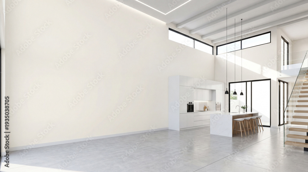 Fototapeta premium elegant contemporary white room kitchen room interior ,Color of the Year 2026 – Cloud Dancer ,copy space .3D render