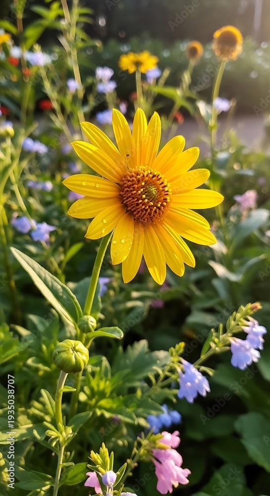 Obraz premium A bright yellow flower amidst colorful blooms in a lush garden
