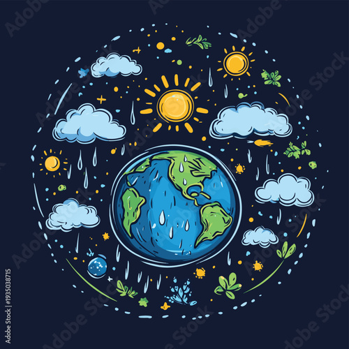 World Meteorological Day symbolizing global love and care for our planet amidst various weather elements like sun, clouds, and rain , vector style simple color