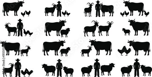 Farm animal silhouettes collection with farmer, cow, goat, sheep, and chickens livestock farming rural agriculture vector illustration isolated set