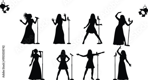 Female singer silhouettes performing on stage with microphone stand under spotlight lights music concert performance vector illustration isolated collection