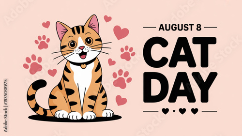 Cartoon cat with hearts and paw prints on cat day august 8 celebrating feline love and friendship with cute animal graphics