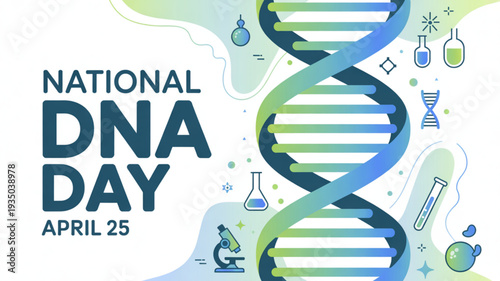 National dna day april 25th illustration with dna double helix and laboratory equipment