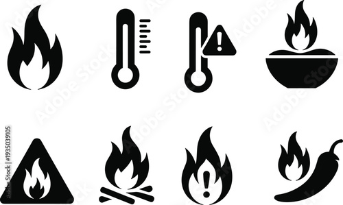 Fire and heat warning icons set with flame thermometer temperature alert hot food chili pepper black vector illustrations isolated on white background