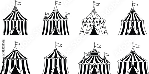 Circus tent outline icons vector set with carnival big top tents line art illustration