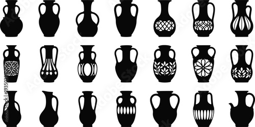 Amphora vase silhouettes, decorative cut-out designs, black and white artwork, ancient pottery illustration, ornamental ceramic shapes, archaeological art study, classic vessel collection