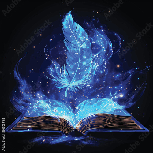 World Poetry Day The Magic of Storytelling An Open Book with a Floating Feather Quill and Sparkling Emanations