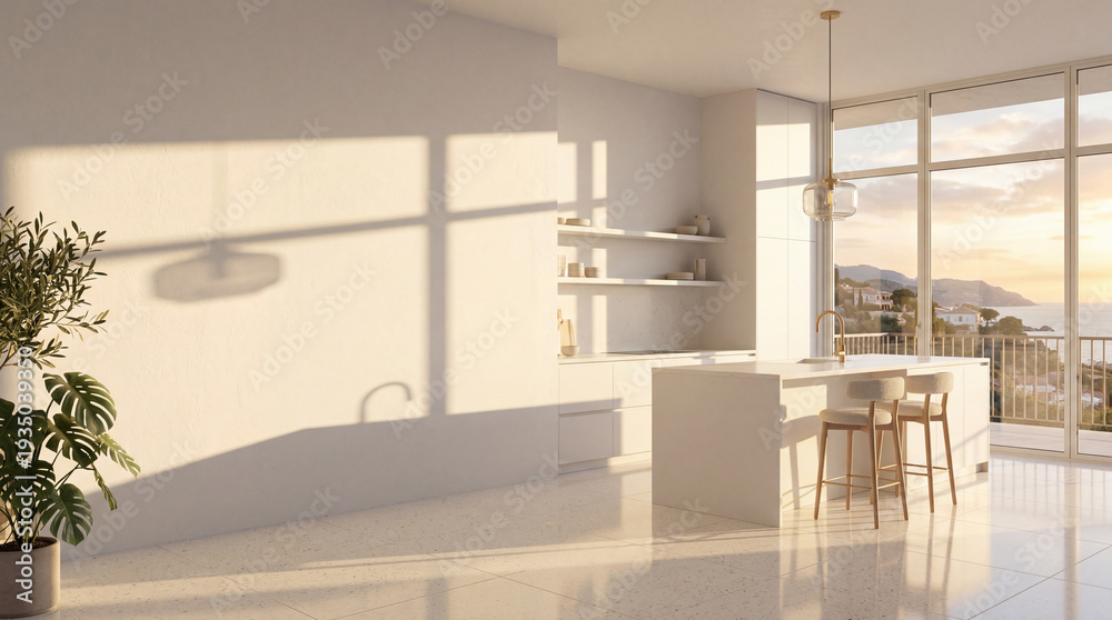 Fototapeta premium elegant contemporary white room kitchen room interior ,Color of the Year 2026 – Cloud Dancer ,copy space .3D render