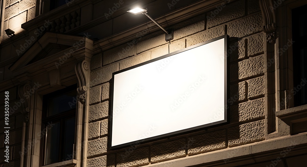 Fototapeta premium Illuminated Blank Signboard on Brick Wall at Night - Awaiting Advertisement.