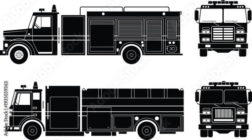 Fire truck silhouettes set front and side views emergency rescue vehicle vector illustration isolated on white background