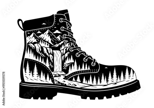 Nature's Footprint: A bold black-and-white silhouette of a classic hiking boot that masterfully encapsulates a sprawling wilderness of towering mountains, cascading waterfalls, and dense pine forests