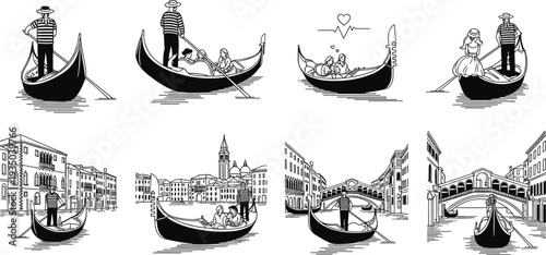 Venice gondola scenes vector set with romantic canal boat illustrations and Italian city landmarks