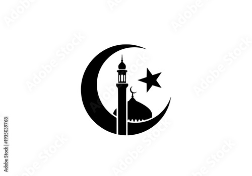 Crescent moon with mosque and star symbolizing Islamic faith and cultural heritage illustration