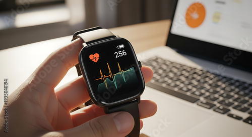 Close-up of hand holding smartwatch with heart rate monitor on screen