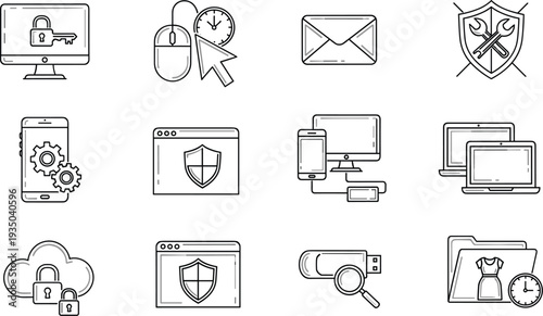 Cyber security and data protection line icons set privacy firewall shield device vector illustration collection