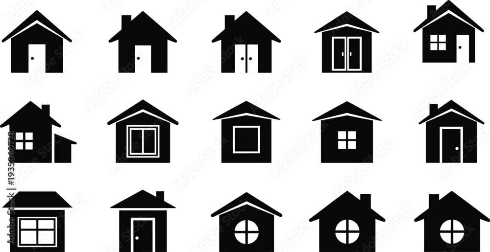Fototapeta premium Set of black house silhouettes and residential building icons featuring various roof styles and window designs for real estate logos, architecture, and construction branding.