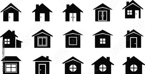 Set of black house silhouettes and residential building icons featuring various roof styles and window designs for real estate logos, architecture, and construction branding.