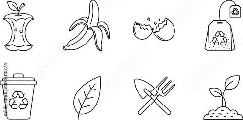 Organic compost and recycling outline icons vector set with food waste and eco symbols