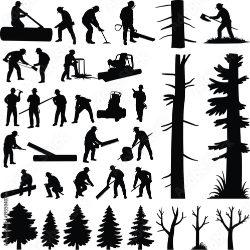 Forestry workers and tree silhouettes set with lumberjack activities chainsaw logging equipment vector illustration isolated on white background