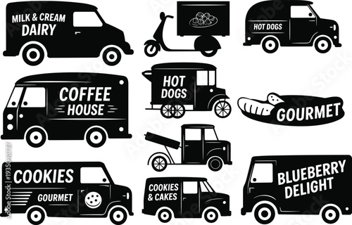 Food truck silhouettes set street delivery vans coffee hot dogs cookies dairy scooter vector illustration isolated on white