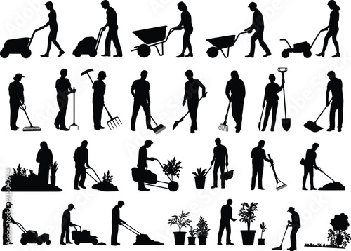 Gardening and landscaping worker silhouettes set with lawn mower wheelbarrow tools and plants vector illustration isolated on white background
