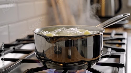 Potatoes boiling in a stainless steel pot on a gas stove in a modern kitchen