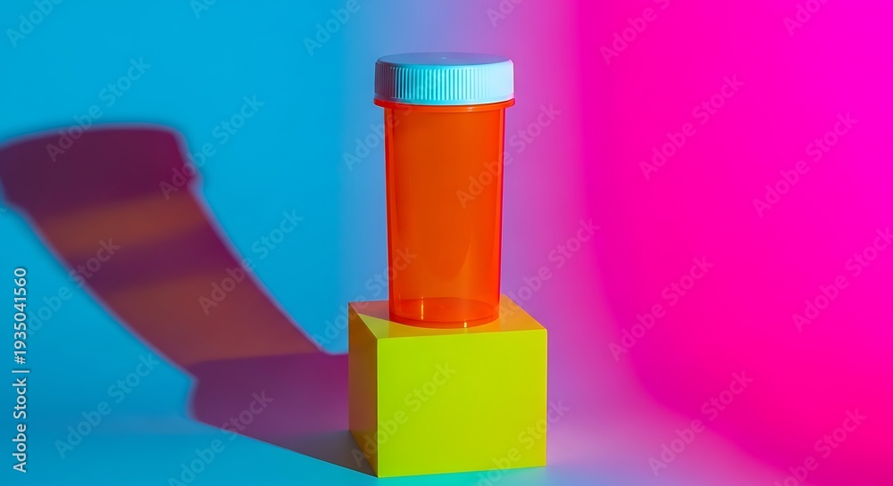 Obraz premium Orange pill bottle on a yellow cube against a vibrant blue and pink background.
