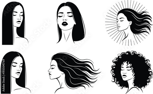 Collection of black and white female face silhouettes with various hairstyles including long straight hair, curly afro, and flowing waves for beauty salon logos