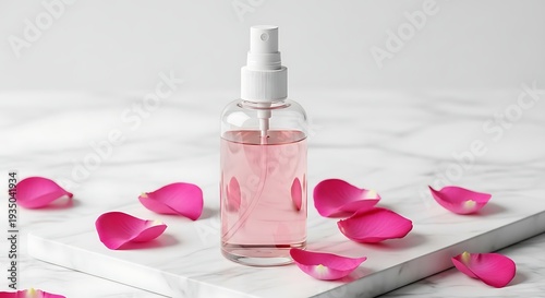 Rose water spray bottle with pink rose petals on a white surface, beauty product.