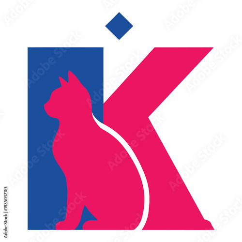 Geometric cat silhouette in pink and blue abstract letter design icon