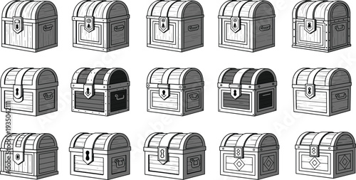 Hand drawn treasure chest vector set with wooden storage boxes isolated black and white fantasy game illustration design