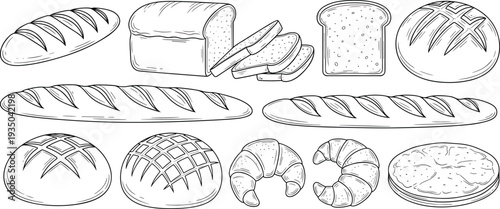 Bakery bread and pastry hand drawn vector set with baguette loaf croissant illustration