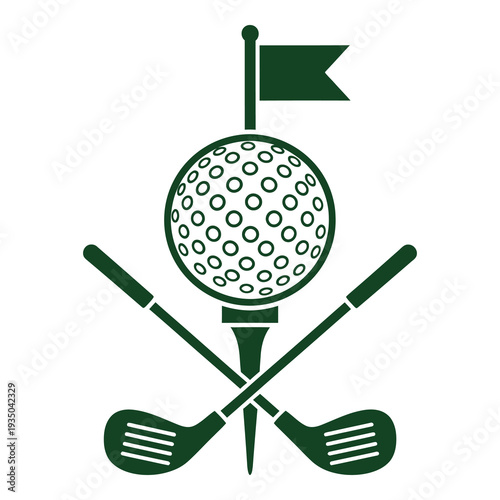 Golf ball and crossed golf clubs with flag on tee illustration icon