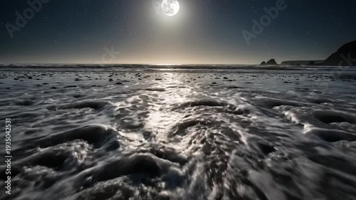 Bright moonlight reflecting on foamy ocean waves crashing onto a dark beach at night, serene natural landscape