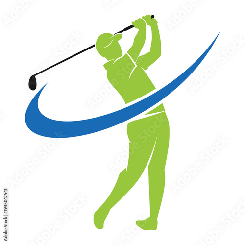 Golf player swinging club with blue swoosh  action sport icon