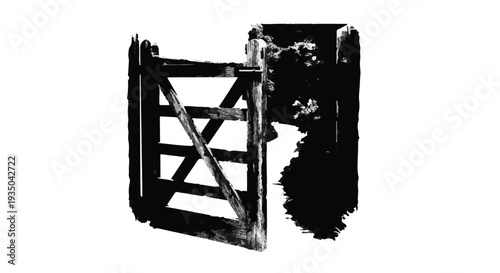 Rustic wooden farm gate stands open, inviting entry into a secluded, overgrown garden.