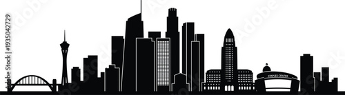 Los Angeles skyline silhouette with downtown skyscrapers, city hall and urban landmarks, iconic California cityscape travel vector illustration