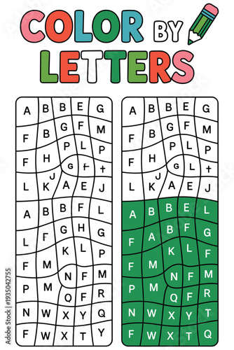 Children's Color By Letter Activity Sheet with Alphabet Grid and Pencil