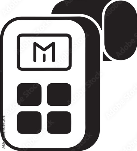A black and white illustration of a calculator with a stylized letter m on the screen
