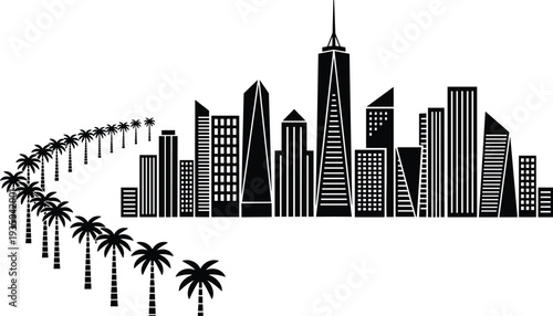 Modern Los Angeles skyline silhouette with palm trees and downtown skyscrapers, iconic California urban cityscape travel vector illustration