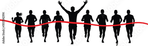 Marathon runners silhouettes crossing finish line with red ribbon isolated on white background, running race competition vector illustration