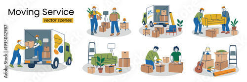 Moving service vector scenes collection. Professional movers loading furniture, packing boxes, carrying items. Flat cartoon illustration with trucks, workers in uniform, household goods