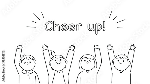 Children illustration with cheer up text and happy kids raising hands