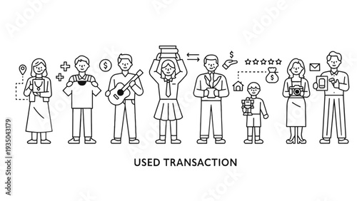 People engaging in various used transactions with colorful icons around them