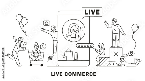 Smartphone vector illustration of live commerce shopping with happy people