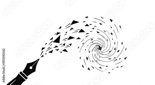 Fountain pen releasing a swirling vortex of abstract shapes, symbolizing creativity and imagination.