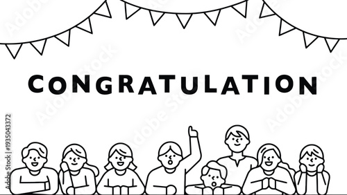 Congratulation banner with cartoon people celebrating and colorful flags waving