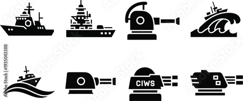 Naval warfare icons elements of maritime military action. Battleships, submarines, and cannons sea waves and explosive impacts. 